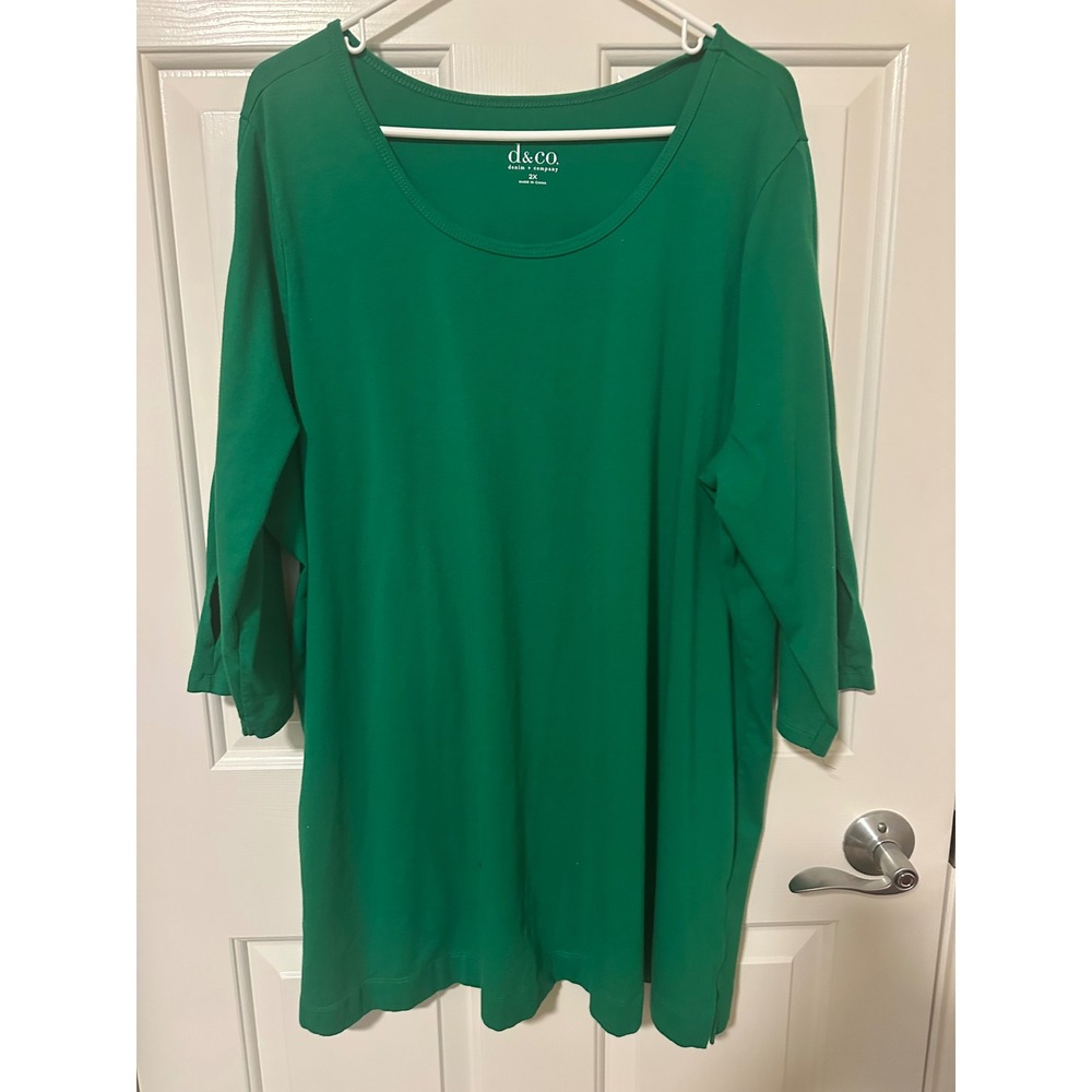 Denim & Co Top Women 2X Green 3/4 Sleeve Slit Detail Scoop Neck Cotton Spandex